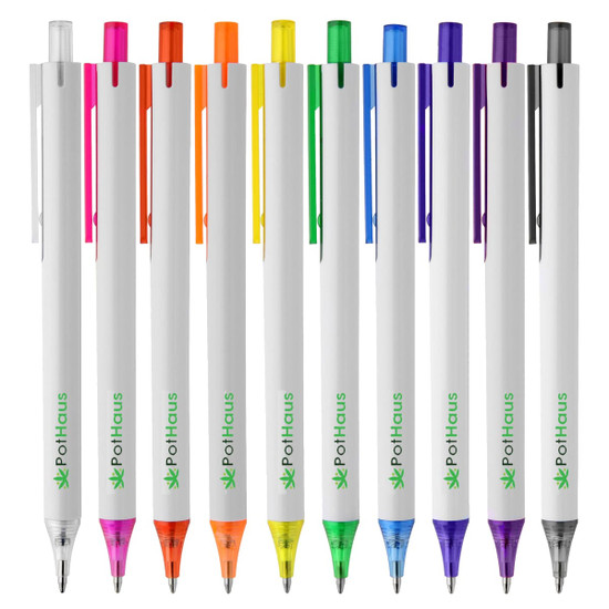 A collection of plastic pens in various colours with white barrels and a logo.
