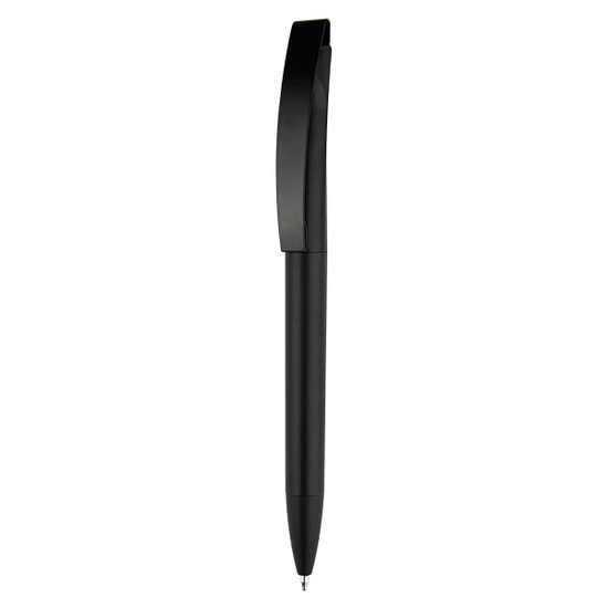 A black plastic pen with a sleek design and a clip, featuring a logo on the body.
