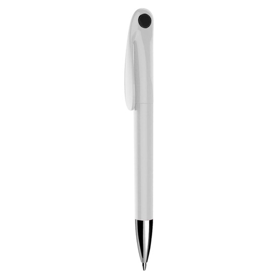 A white plastic pen with a black tip and a clip, featuring a logo on the barrel.