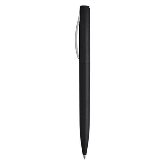 A black plastic pen with a sleek design and a silver clip, featuring a branding logo.