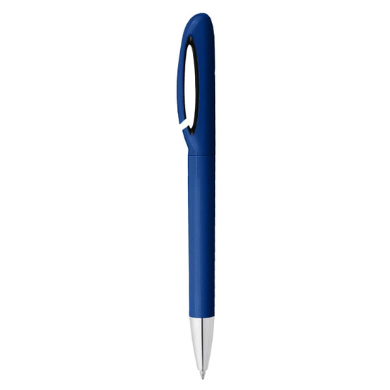 A blue metal pen with a sleek design and a clip for easy attachment, featuring a silver tip.