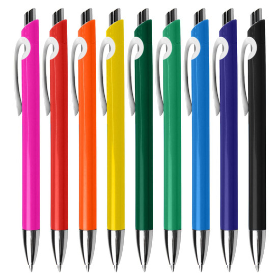A collection of plastic pens in pink, orange, yellow, red, green, blue, and purple, each with a white grip and a logo.