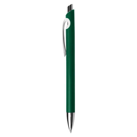 A green plastic pen with a silver clip and a sleek design. It features a logo on the barrel.