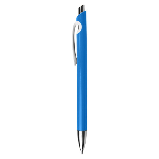 A blue plastic pen with a silver clip and a sleek design, featuring a logo on the body.