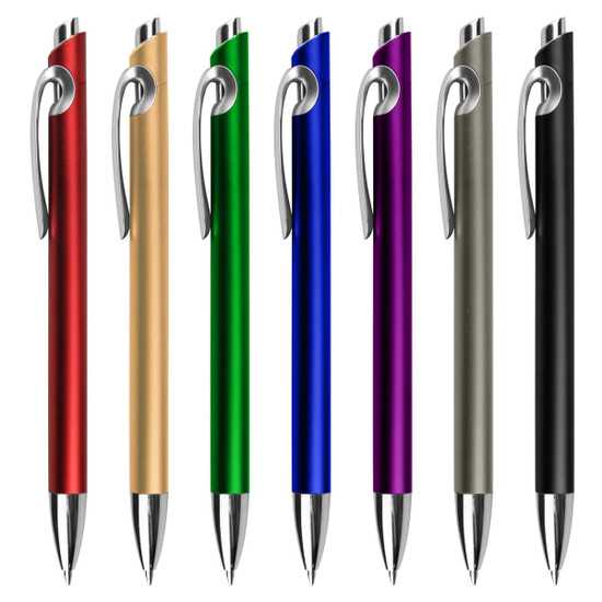 A collection of plastic pens in red, gold, green, blue, purple, grey, and black, featuring a silver clip and logo.