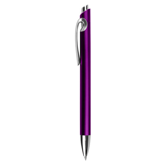 A purple plastic pen with a silver clip and tip, featuring a sleek design and a branding logo.