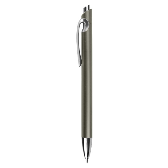 A sleek, metallic grey pen with a chrome clip and tip, featuring a simple design and branding.