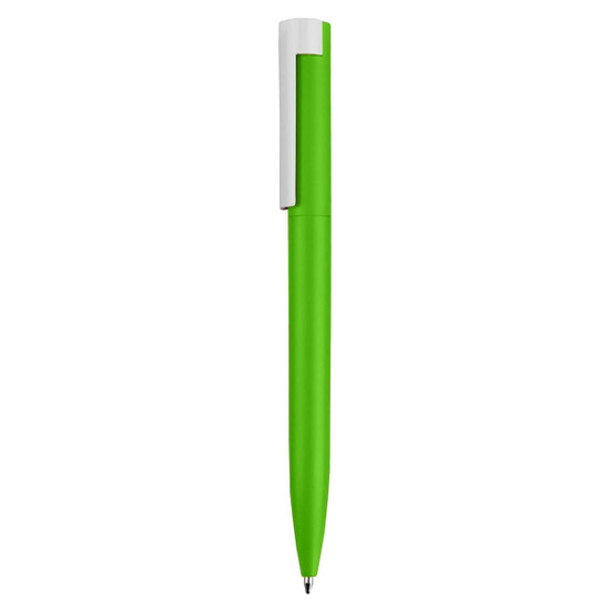 A green pen with a white clip and a sleek, modern design, featuring branding on the body.