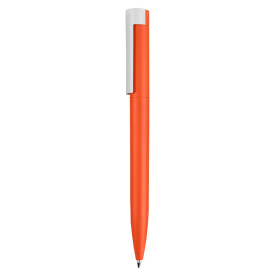 An orange pen with a white clip, featuring a sleek design and a rounded tip. It has a logo on the side.