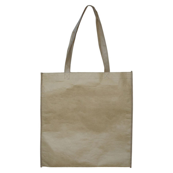 A beige paper bag with two handles and no gusset, featuring a simple design and a logo on one side.