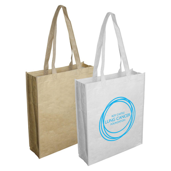 A large paper bag with gussets, featuring handles, available in brown and white colours with a logo.
