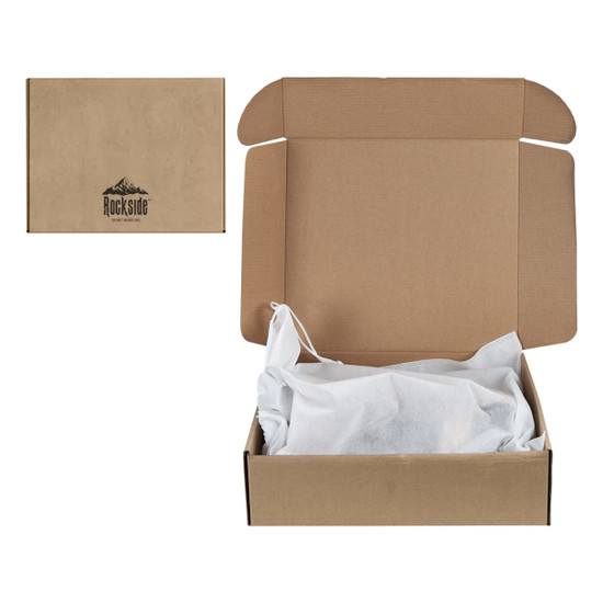 A kraft cardboard box with an open lid, revealing a white tissue paper inside. The box has a logo on it.