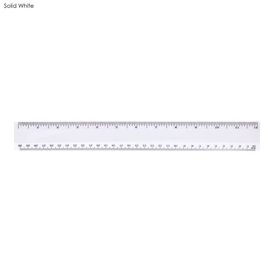A solid white 30cm plastic ruler featuring clear measurement markings and a logo.