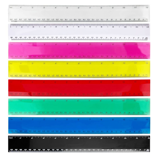 A set of plastic rulers in various colours including clear, pink, yellow, red, green, blue, and black, with measurement markings.