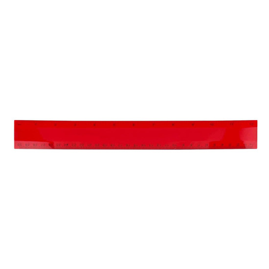 A red plastic ruler measuring 30cm, featuring markings for measurements. It includes a logo.