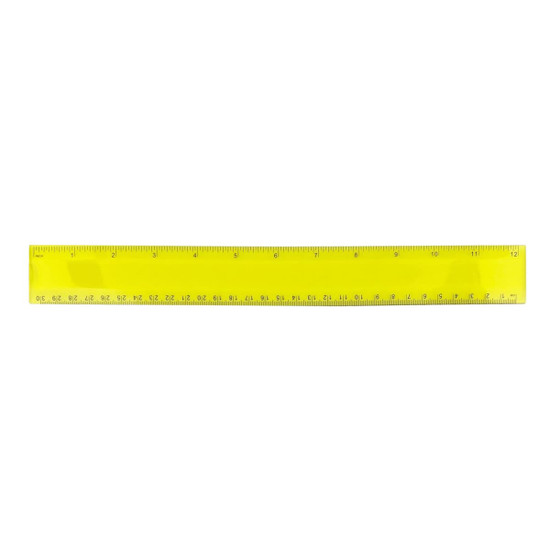 A bright yellow plastic ruler measuring 30cm, featuring markings for metric measurements and a branding logo.