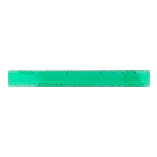 A 30cm transparent green plastic ruler featuring measurement markings and a logo.