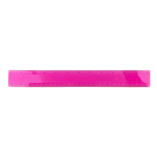 A plastic ruler in bright pink, measuring 30cm, with clear metric markings and a logo.