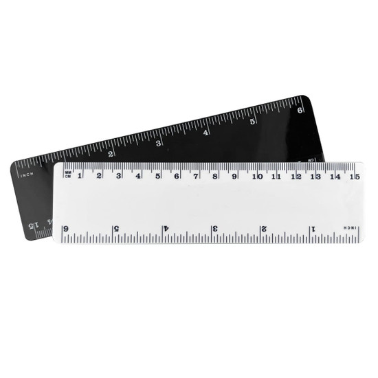 A 15cm plastic ruler in white and black, featuring measurement markings on both sides and a logo.