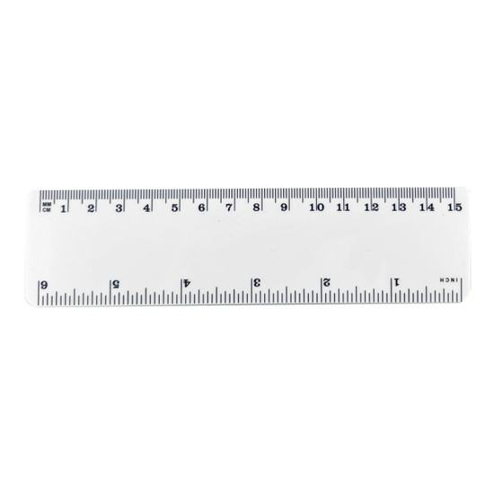 A clear plastic ruler measuring 15cm with black markings for measurements. It has a logo in one corner.