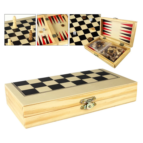 A wooden game case featuring a chessboard and backgammon layout, containing game pieces and dice. It has a light wood finish.