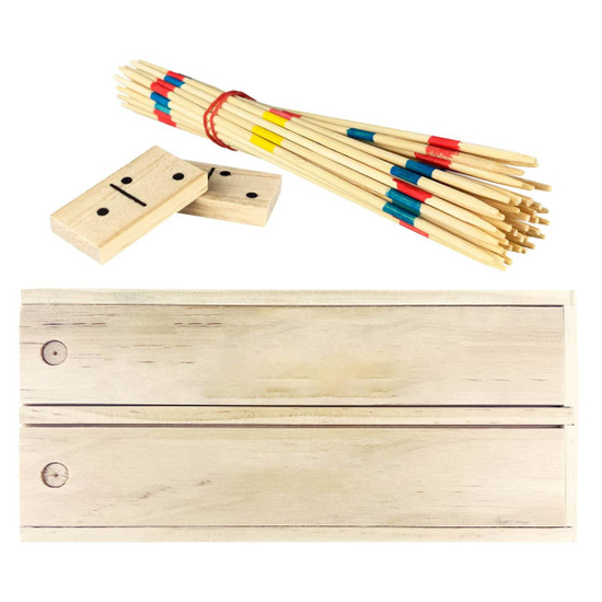 A wooden play set featuring coloured sticks and dominoes in natural wood tones. The set includes a logo.