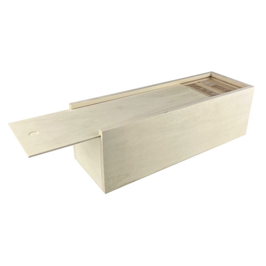 A wooden box containing a large Jenga set with multiple wooden blocks and a sliding lid, featuring a natural finish.