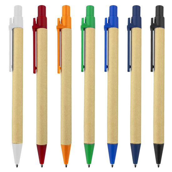 A set of eight recycled cardboard pens in white, red, orange, green, blue, and black. Each has a matching clip.