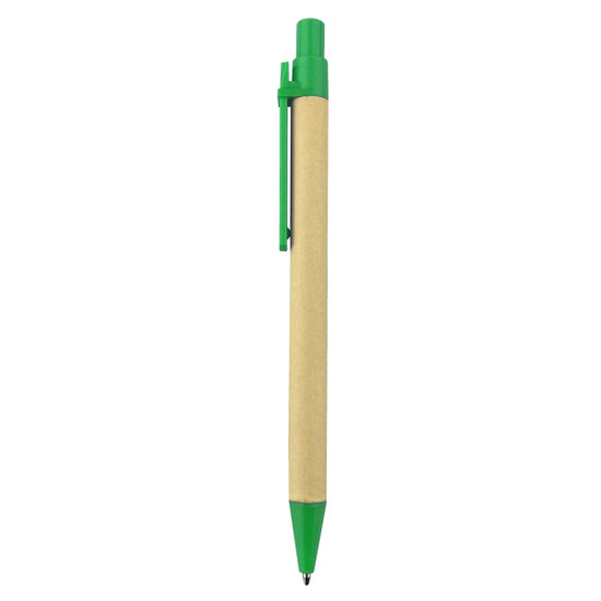 A recycled cardboard pen with a natural body and green accents. Features a clip and a logo.