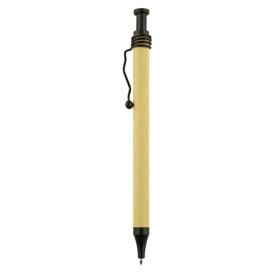 A beige recycled cardboard pen with a black clip and tip, featuring a black branding logo.