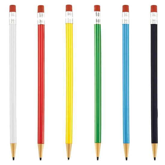 A collection of round mechanical pencils in white, red, yellow, green, blue, and black, featuring erasers and a logo.