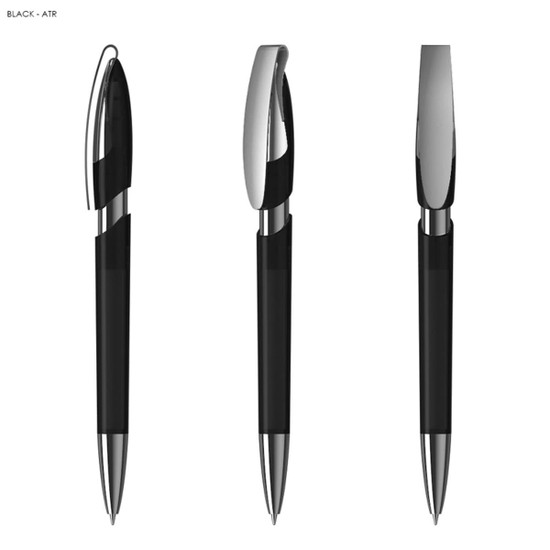 A set of transparent black plastic pens with chrome accents and a sleek design, featuring a logo.
