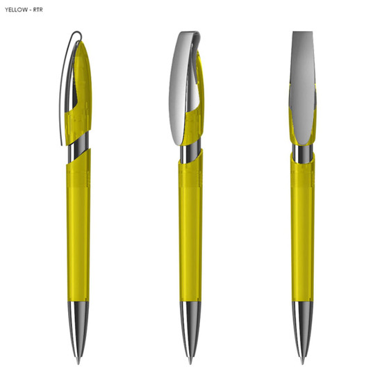 A yellow plastic pen with a transparent barrel and silver accents, featuring a logo on the side.
