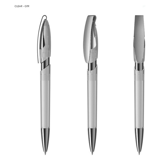 A transparent plastic pen with a metallic clip and tip, showcasing a sleek design in clear and chrome colours.