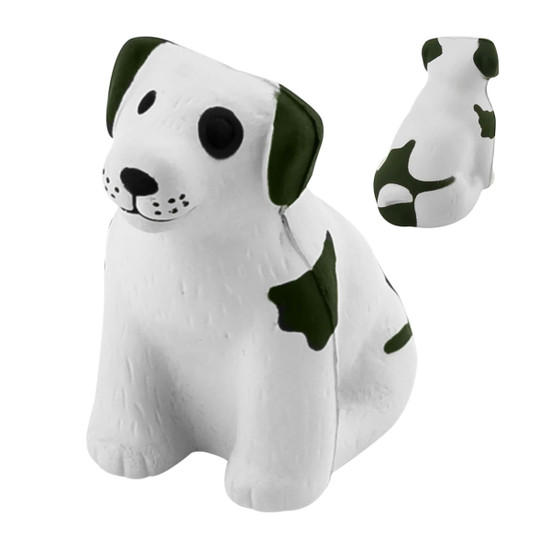 A white and green stress relief dog figurine with a rounded shape and smiling face, featuring black eyes and a spotted pattern.