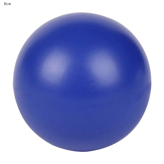 A blue stress ball with a smooth surface. It has a logo on it but is otherwise plain.