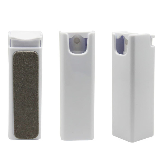A spray screen cleaner in white, featuring a textured cleaning surface and a dispenser for easy application.
