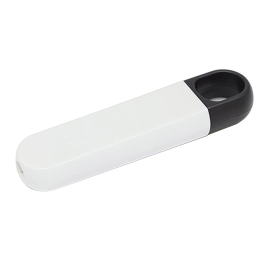 A white and black mini screwdriver kit with a sleek, elongated design and a circular opening at one end.