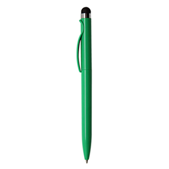 A green stylus pen with a sleek plastic design and a clip. It features a black tip and a metallic accent.