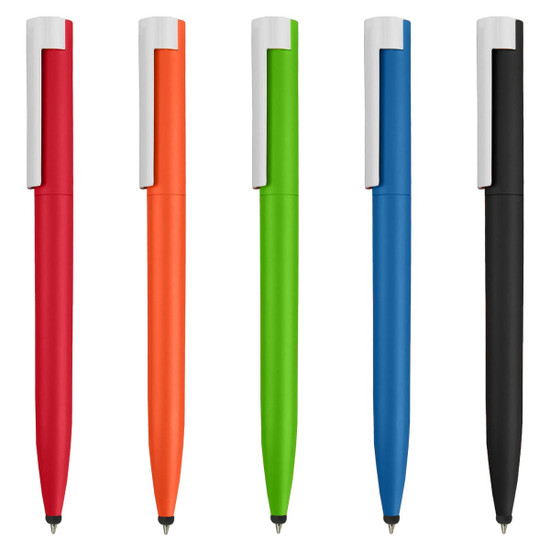 A collection of five stylus pens in red, orange, green, blue, and black, each with a silver clip and tip.
