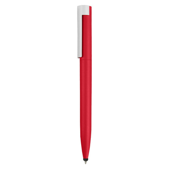 A red stylus pen with a white clip and a sleek design, featuring a simple branding logo.