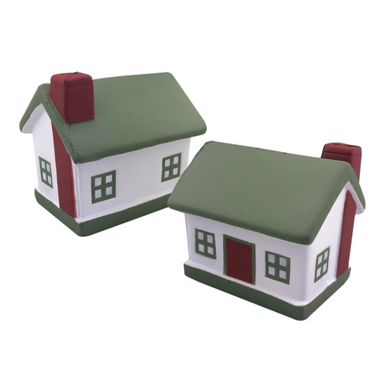 Two stress-relief house shapes with green roofs and white walls, featuring red doors and windows.