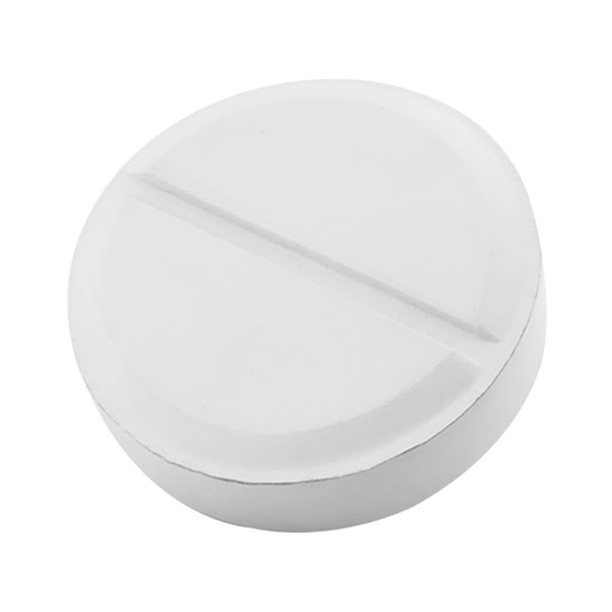 A round, white stress tablet featuring a divided design, resembling a large pill. The product has a simple, clean appearance.
