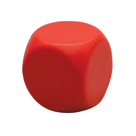 A red stress round cube with smooth surfaces, designed for stress relief. It features a logo.
