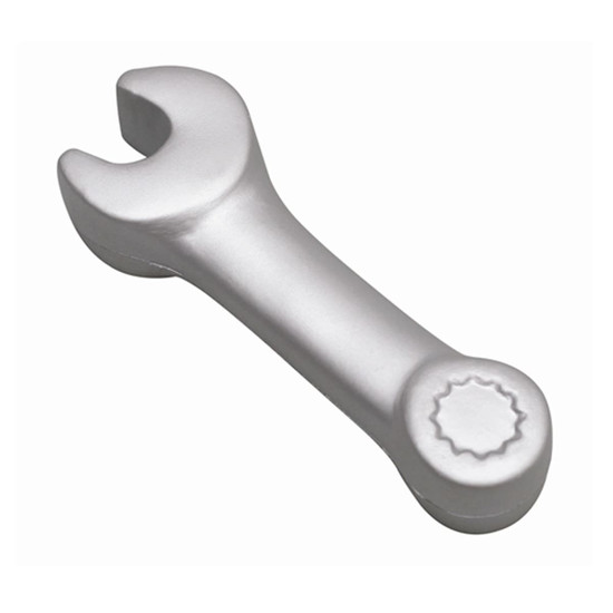 A silver stress spanner shaped like a wrench, featuring a round detailing at one end and an open end at the other.