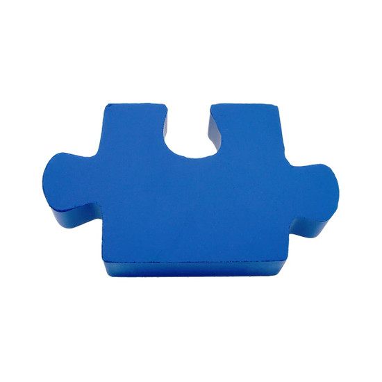 A blue jigsaw puzzle piece with a smooth finish, featuring a classic interlocking design. It has a logo on one side.