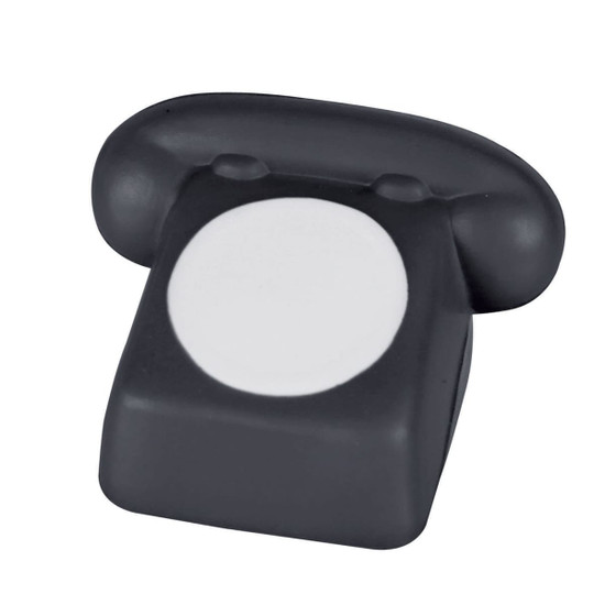 A black stress telephone shaped product with a round white centre and rounded handle. It features a branding logo.