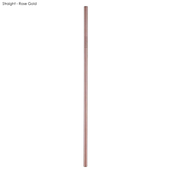 A straight stainless steel straw in rose gold, featuring a simple design and a logo at the top.