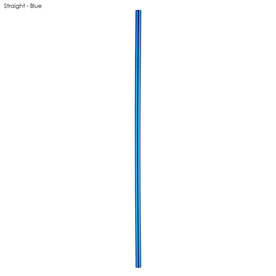 A stainless steel straw in blue, measuring 6mm x 215mm, features a sleek, straight design.