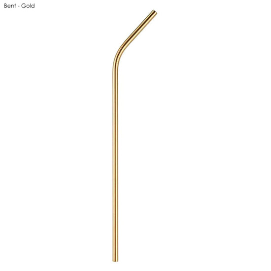 A bent stainless steel drinking straw in gold, measuring 6mm x 215mm, with a logo present.